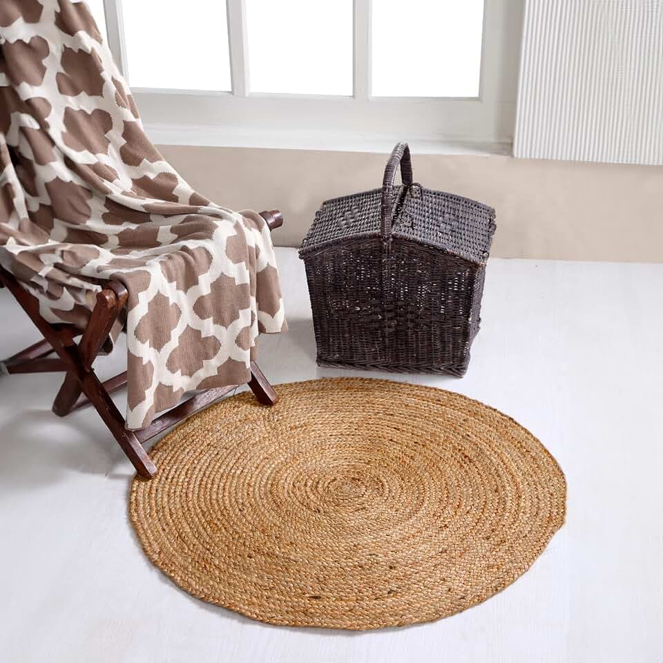 Medium 90 cm rund Teppich beige geflochten Natur Jute