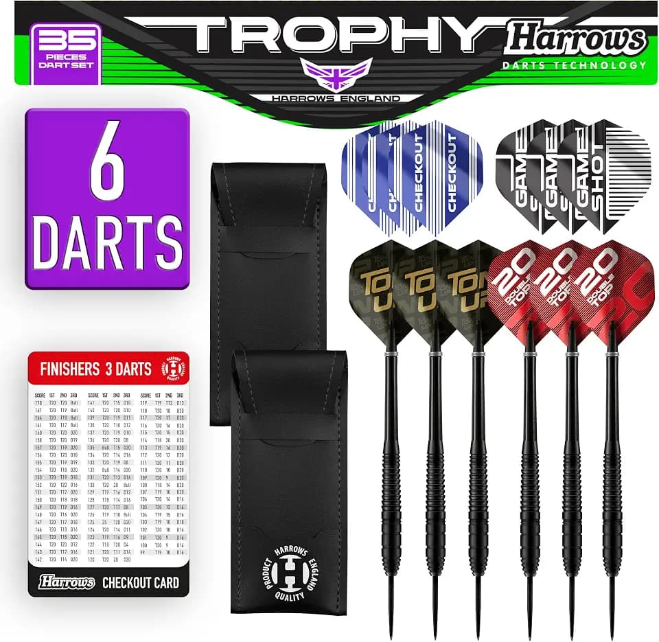 Harrows Trophy 65 Stück Dart-Set - High Performance 12 x Steel Tip Darts mit Premium Grip - Ultimatives Bundle mit vollem Dartzubehör - Supergrip Dart-Schäfte - Super Strong Dart Flights