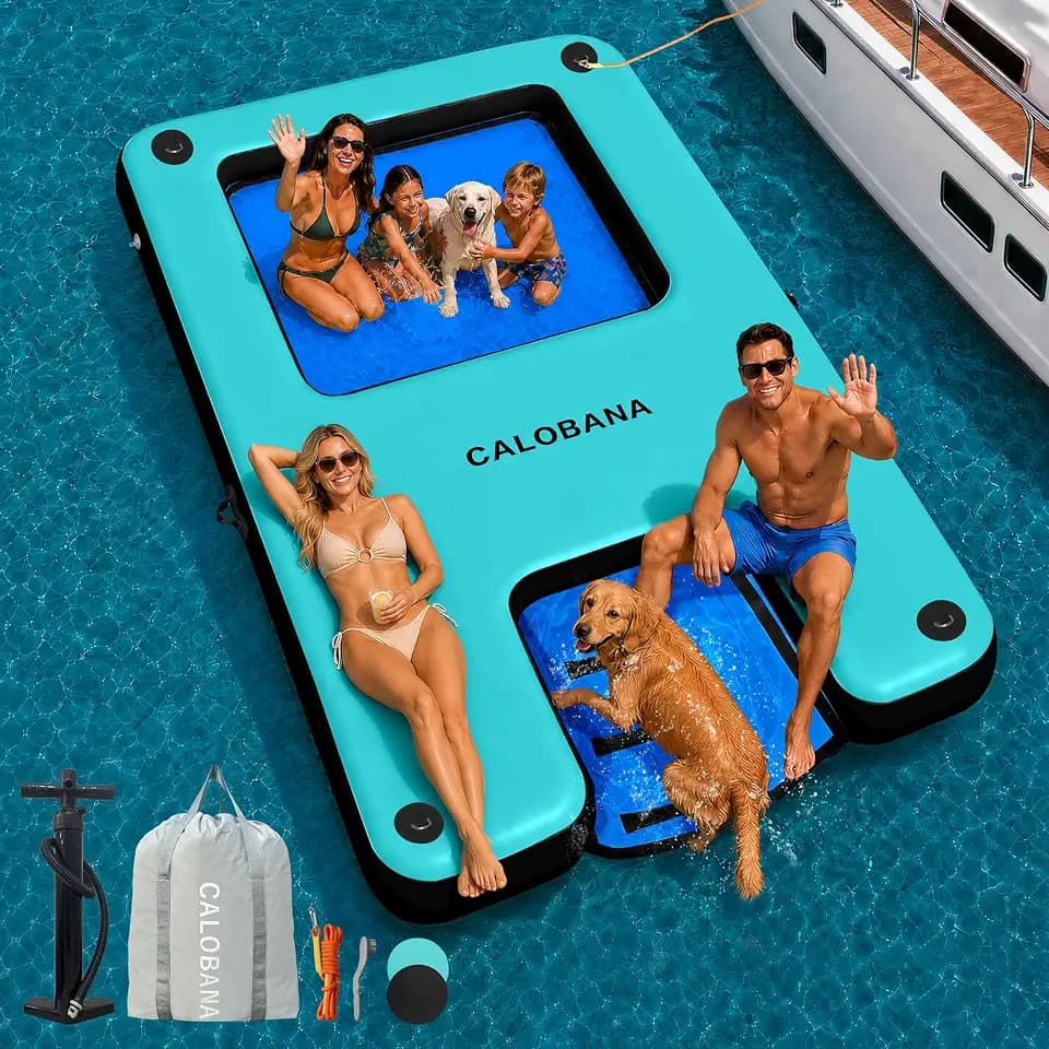 CALOBANA Inflatable Floating Dock with Dog Boat Ramp and Mesh