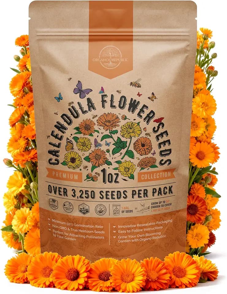 Calendula Seeds Pack 1 oz - Over 3,250 Non-GMO Heirloom Calendula Seeds for Planting Indoor & Outdoor Gardening, Flower Seed for Planting Home and Garden, Flowers Seed in Individual Packet