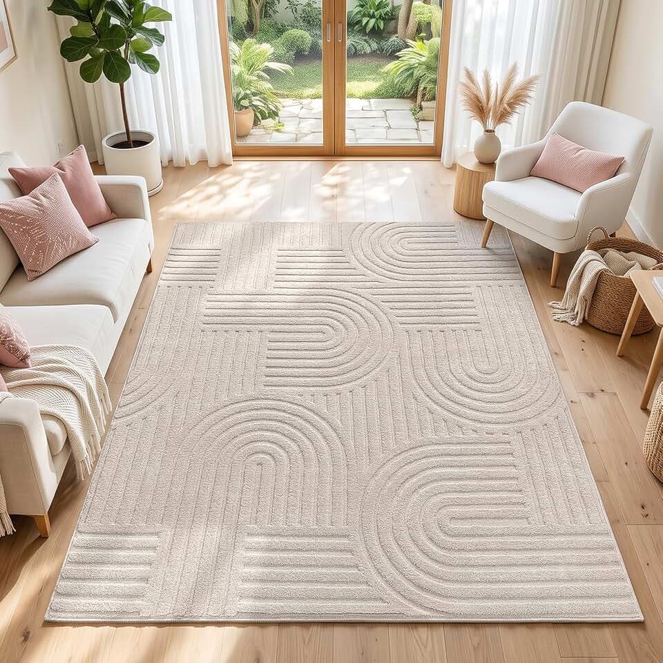 SHACOS Soft Cozy Fluffy Arch Pattern High Low Pile Area Rugs 4'x6' Non Slip Washable Scandinavian Minimalist Rug Modern Geometric Arc Carpet for Living Room Bedroom Dining Room, Beige