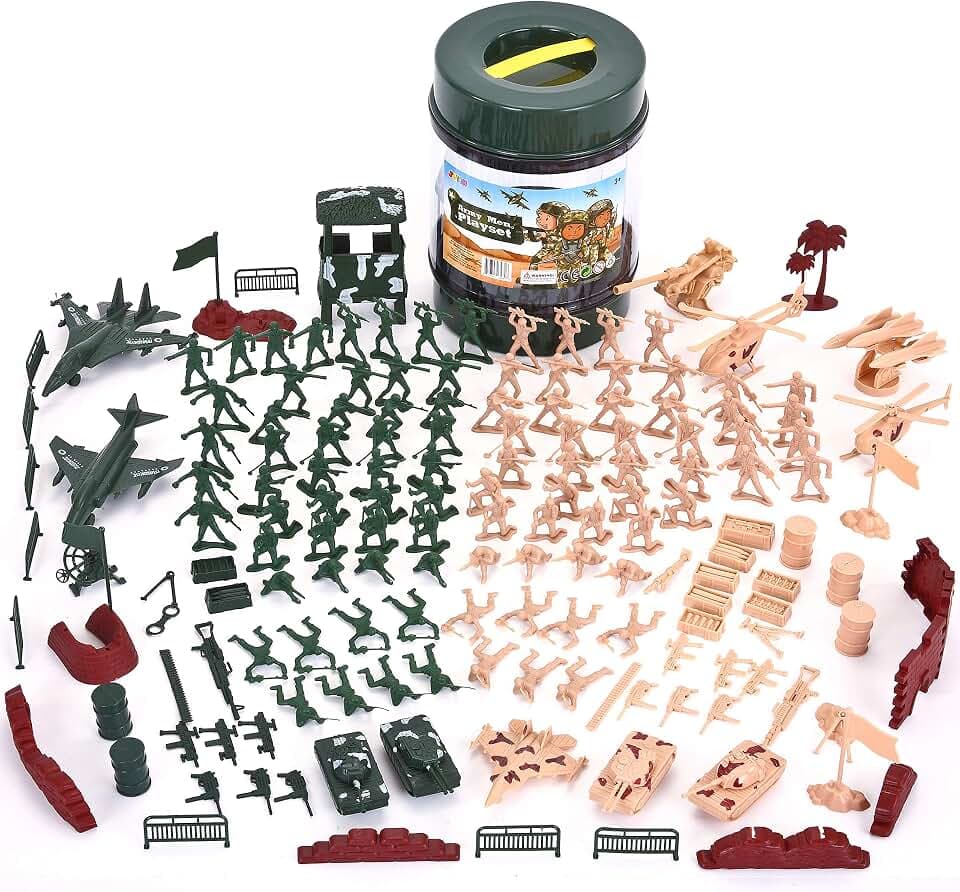 JOYIN 164 Piece Military Soldier Playset Army Men Play Bucket Army Action Figures Battle Group Deluxe Military Playset, Aircrafts, Helicopters, Tanks with Bucket, Birthday Gifts for Boys 3 4 5 6 7 8