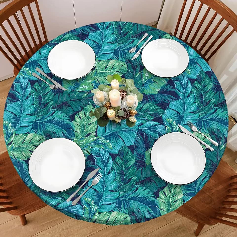 Palm Leaf 48 Inch Round Fitted Cloth Tablecloth with Elastic Edged, Waterproof Oil Proof Wipeable Table Cover for Indoor Outdoor Patio Table, Fits Round Tables Up to 46" - 50" Diameter