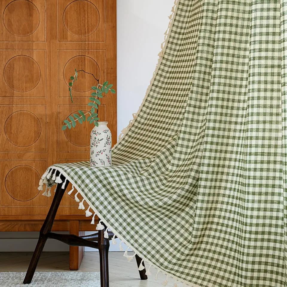 ENJOYBRIDAL Green Plaid 84 Inch Curtains for Living Room Gingham Cute Drapes Rod Pocket Semi Sheer Boho Rustic Window Curtain Panels Bedroom Tassel 2 Panels Farmhouse Window Treatments
