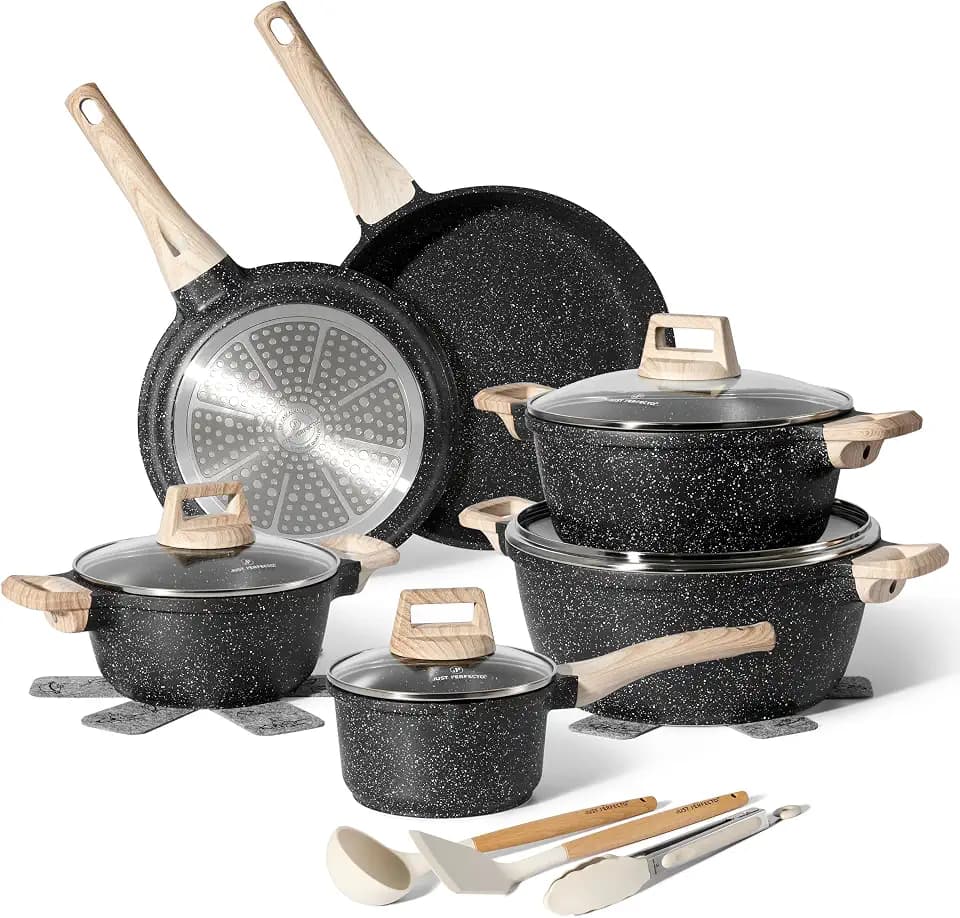 JUST PERFECTO Topfset Induktion - Pfannenset mit deckel - Pfanne 24cm, Bratpfanne 28 cm - kochtopf set 28cm antihaft pfanne ohne ptfe und pfoa (15-Teilig Schwarz)