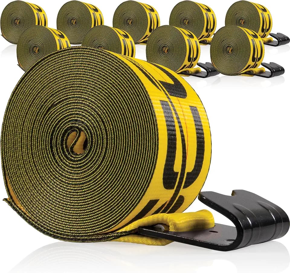 US Cargo Control Winch Straps 4" x 30' (10-Pack), 5,400 LBS Working Load Limit, Heavy Duty Flatbed Tie Downs with Flat Hooks, Yellow 4 Inch Straps for Flatbed Trailer, Truck, and Cargo Securement