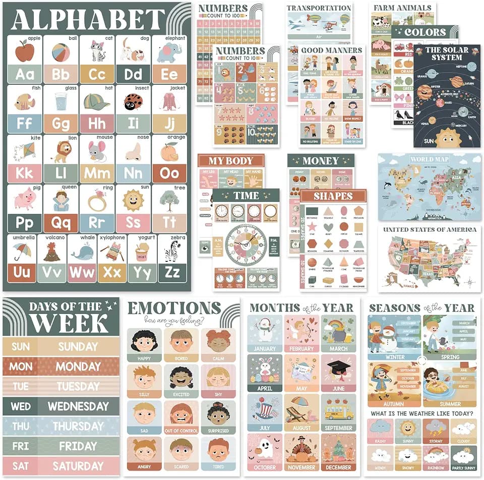 BEAWART Educational Posters for Preschool, Pack 18 Modern Boho Charts
