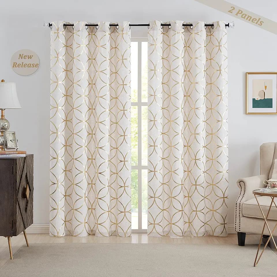 SXZJTEX Gold Foil Print Linen Sheer Curtains Moroccan Geometric 90Inch
