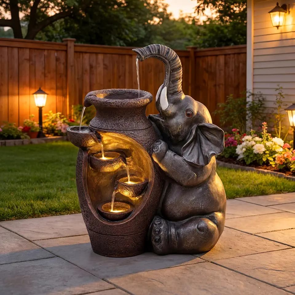 AUTODAYA 19" H Elephant Statue Outdoor Water Fountain with Warm LED Lights
