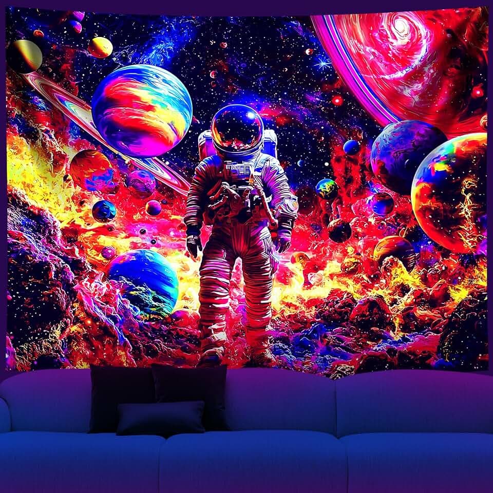 NYZE Astronaut Space Tapestry for Bedroom, BlackLight Tapestry Room Decor Wall Tapestries, Cool Galaxy Planet Wall Hanging, Wall Hanging for Men Guys Gamer Room Dorm Living Room 59in×51in