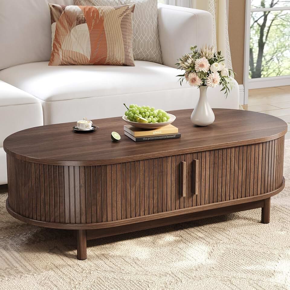 Oval Fluted Coffee Table, 47” Mid Century Modern Center Table with Large Storage, Tea Table with Sliding Tambour Door, Farmhouse Coffee Table for Living Room, Bedroom, Walnut