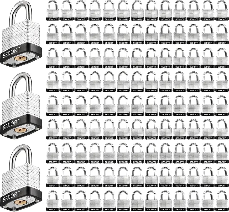 SEDORTI Laminated Steel Padlock Set, KA# 1423, 1-1/4" Wide Body, Small Heavy Duty Locker Lock, Keyed Alike Padlocks, Lock for Gym Locker, Luggage, Suitcase, Baggage, Toolbox, Case, Pack of 120