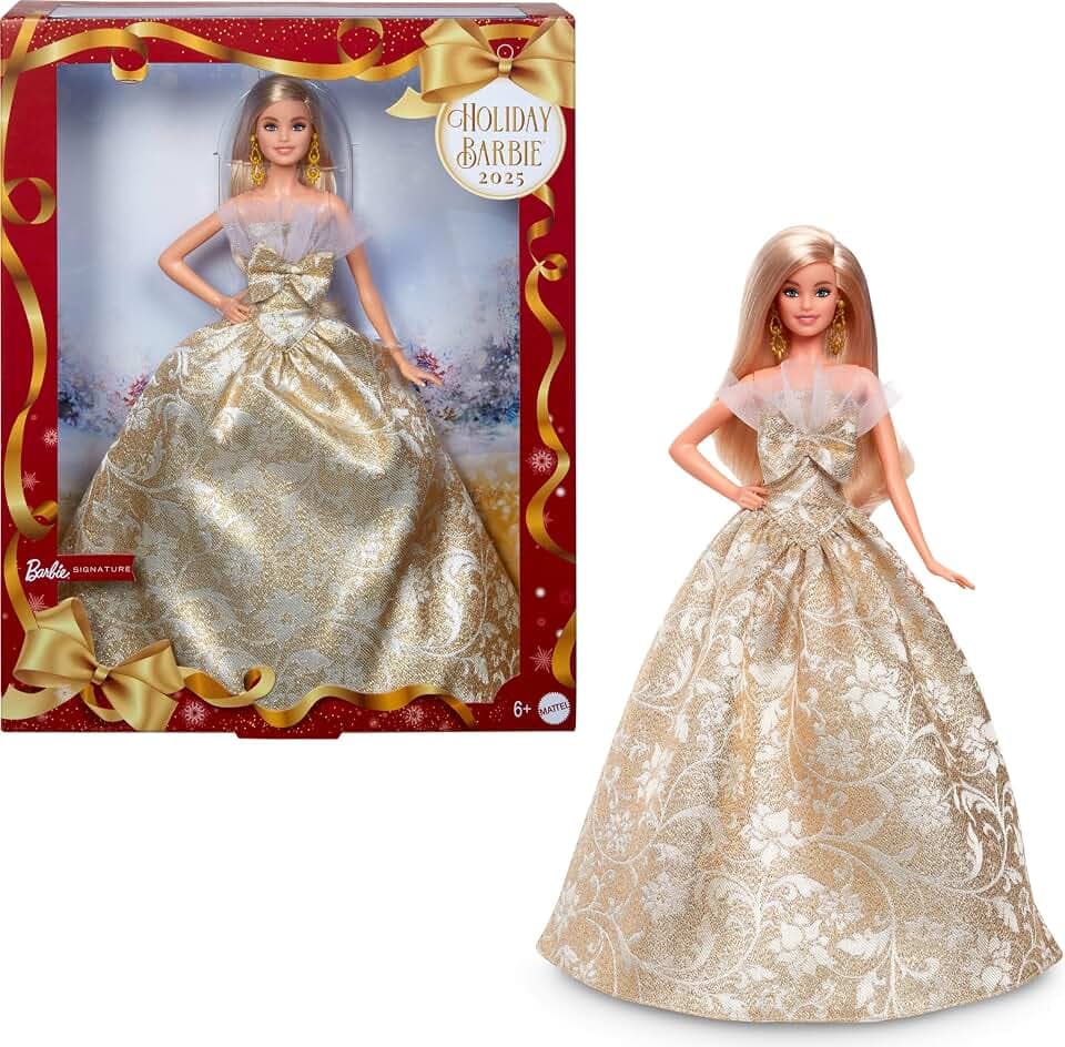 Barbie Holiday Barbie Blonde Signature BLACK Dress-up Doll & House, Pretend Play, For Ages 6 and Up, Gold JBH95