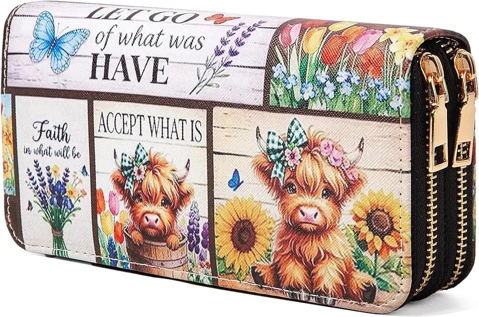 Highland Cow Wallet for Women, Double Zip Wallet with Card Slots Womens Sunflower Wallet, Faux Leather Western Wallet, Large Capacity Wallet Gift for Women