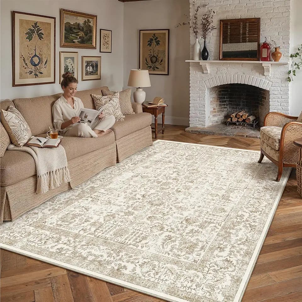 PureCozy Light Brown Area Rug 6x9 Vintage Floral