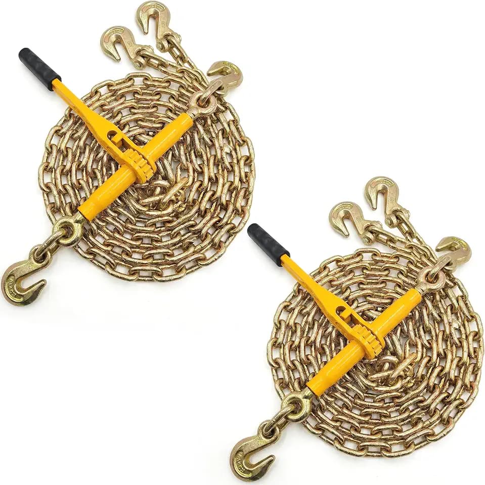KJE (2) Ratchet Chain Binders 5/16" -3/8" Grade 70 + (2)5/16"×10' Chains, Heavy Duty Chain and Ratcheting Binder Set WLL 5,400 Lbs, Suitable for Tie Down, Hauling, Towing
