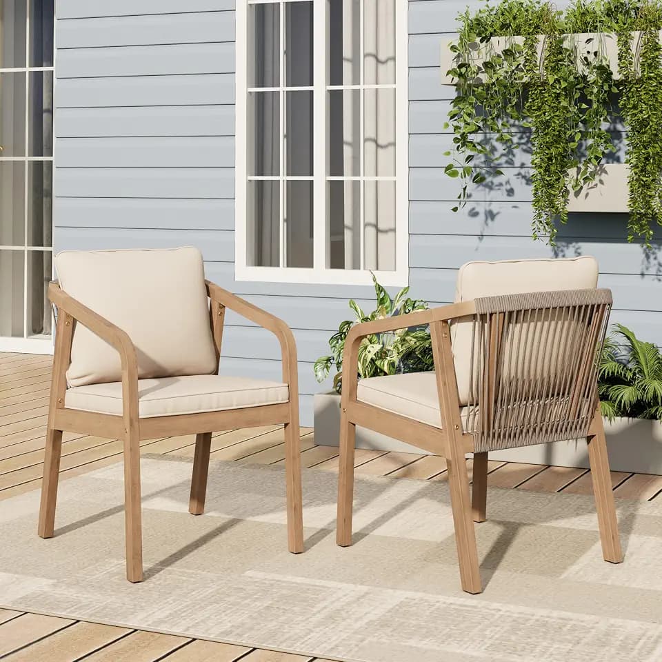 Christopher Knight Home Hawes Acacia Wood Outdoor Dining Chair Set of 2 with Cushion, Wooden Patio Dining Armchair Set with Rope Woven Backrest, Patio Furniture Set for Outdoor Dinner,Light Teak+Cream