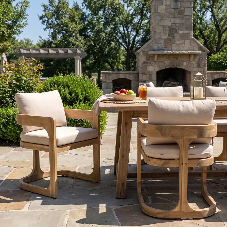 Christopher Knight Home Zeke Outdoor Dining Chairs Set of 2, Acacia Wood Dining Chairs with Water-Resistant Cushions, Patio Side Chairs with U-Shaped Sled Base & Curved Armrests, Beige + Natural