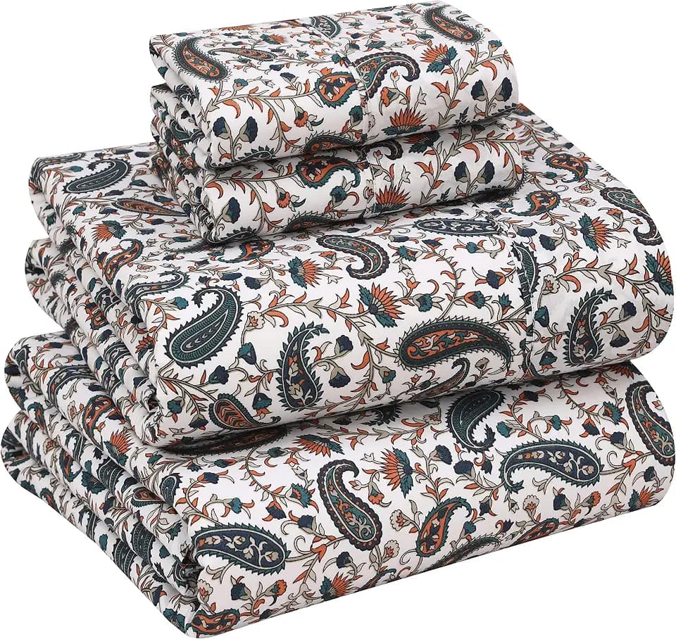 RUVANTI 100% Cotton Queen Sheets, Percale Queen Sheet Set, Teal Paisley