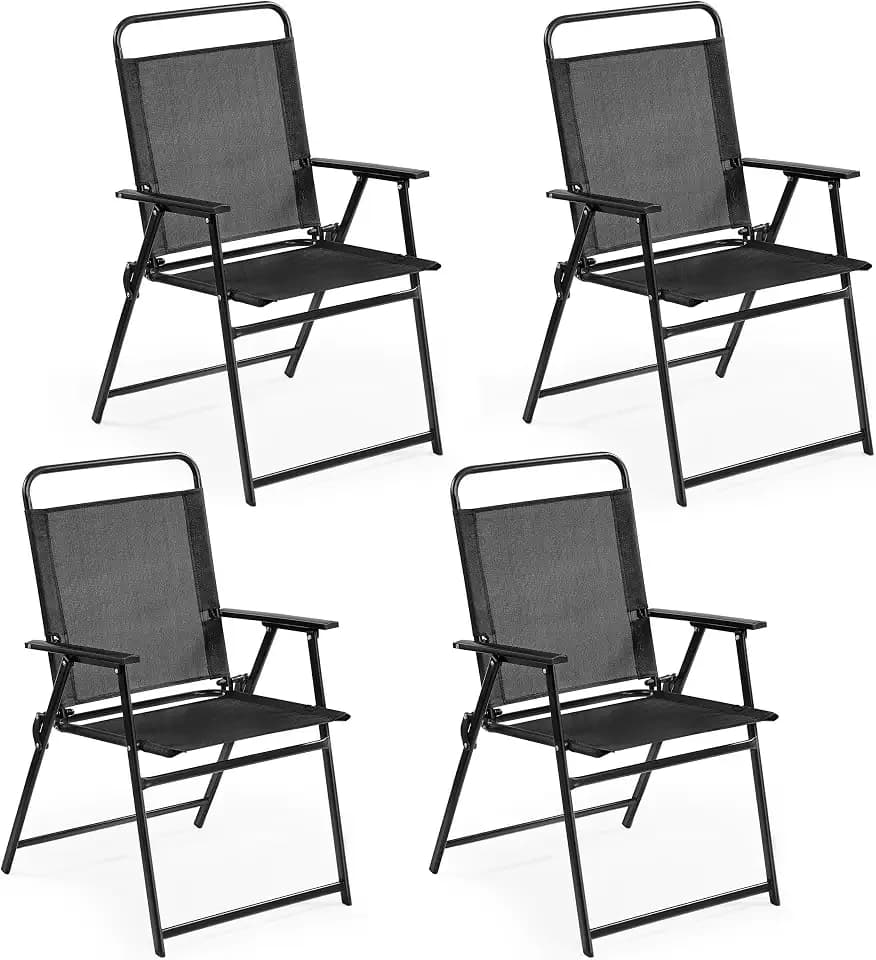 Yaheetech Set mit 4 Klappstühlen für den Außenbereich, Camping, mit Armlehnen, Gestell aus Metall, Sitzfläche aus Stoff, für Balkon, Tragkraft 100 kg, Schwarz
