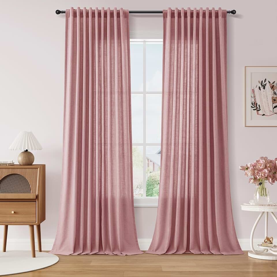 Nanspring Linen Curtains 96 Inch Long for Living Room Hook Belt Canyon Rose