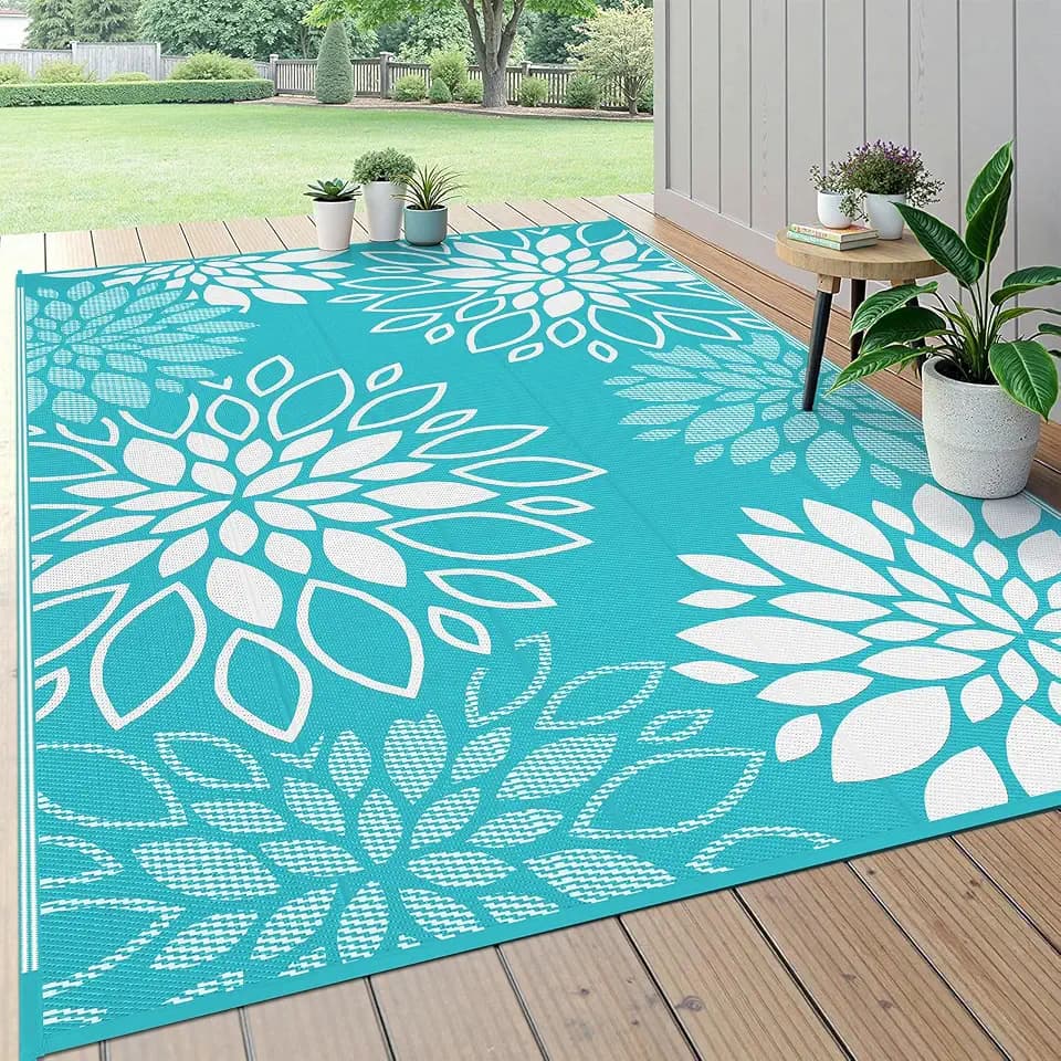 HEBE Waterproof Outdoor Rug 6'x9', Floral Reversible Plastic Patio Rug