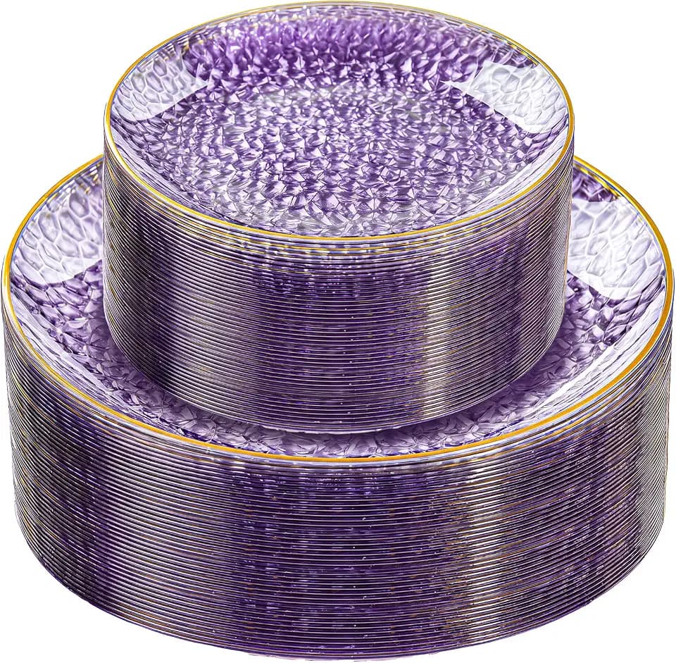 Rubtlamp 60Pcs Clear Purple Gold Plastic Plates, Purple Disposable Plates With Gold Rim, Hammered Plastic Plates Include 30 Clear Dessert Plates, 30 Dinner Plates for Party