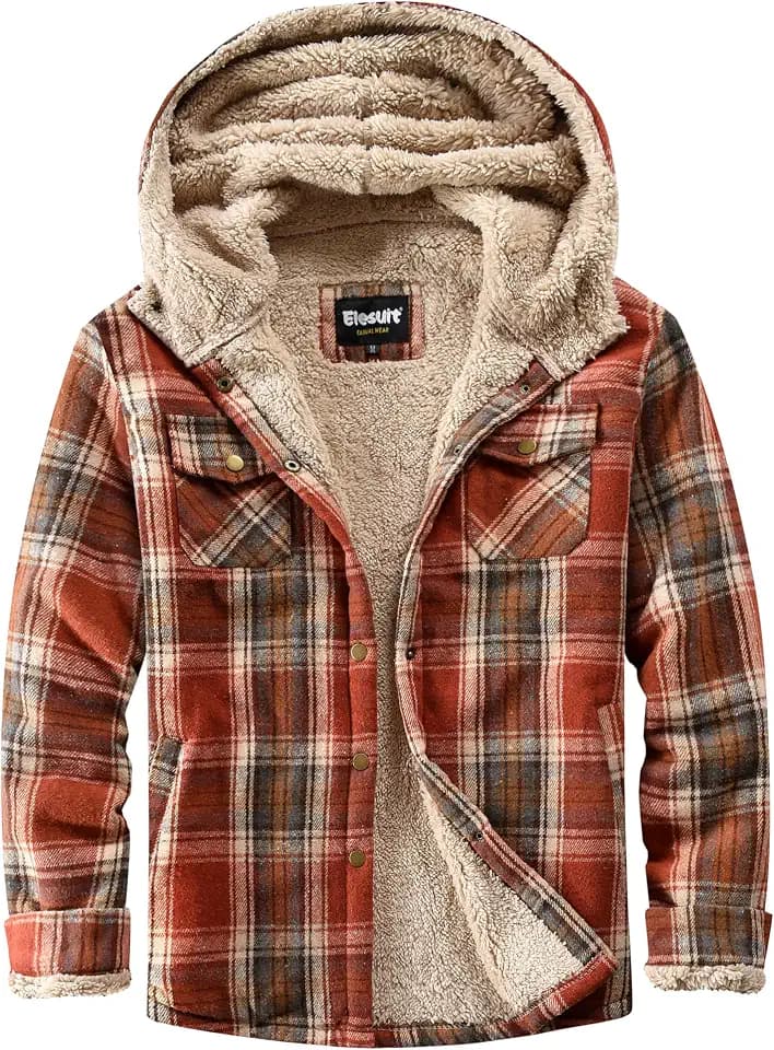 Elesuit Women Fleece Flannel Jacket Plaid Sherpa Button Down Hooded Jacket