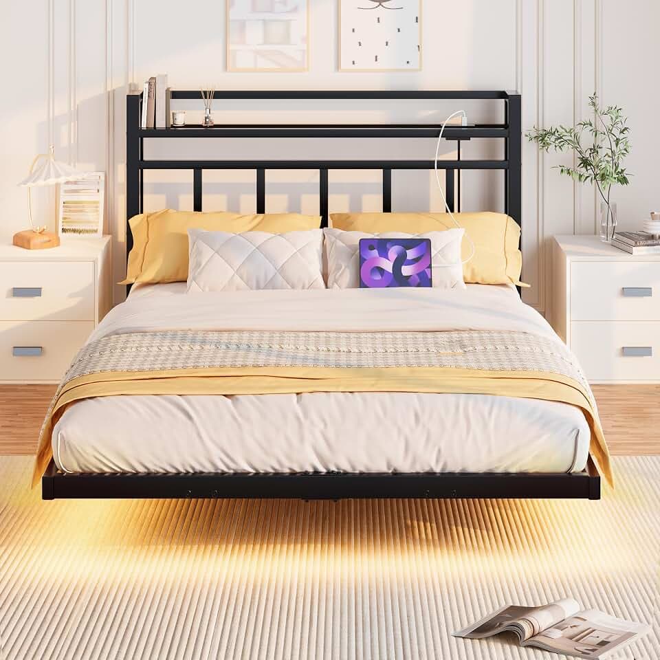 120x200 cm Schwebebett mit LED-Beleuchtung und Ladestation (1 AC-Steckdosen, 2 USB) Jugendbett 120x200 Heavy Duty Metall-Latten, Lärm frei Metall-Plattform-Bett-Rahmen mit Stauraum, Schwarz