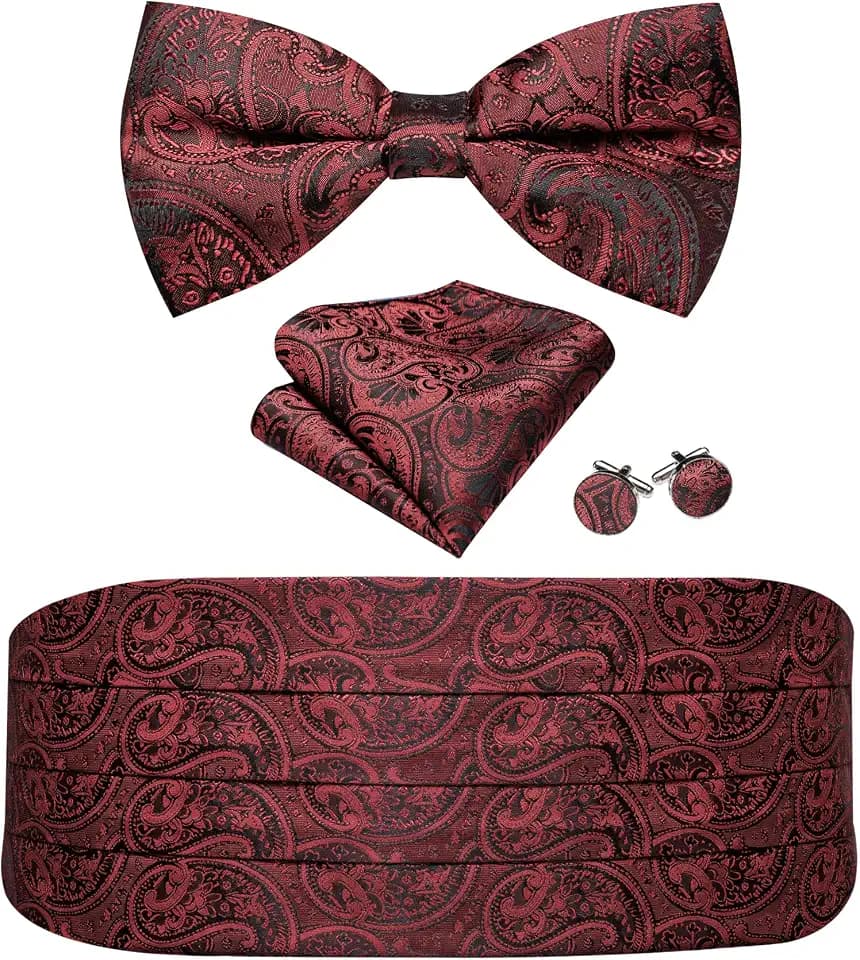 Barry.Wang Cummerbund Bow Tie Set for Men, Silk Cummerbund Pretied Bow Tie Pocket Square Cufflinks