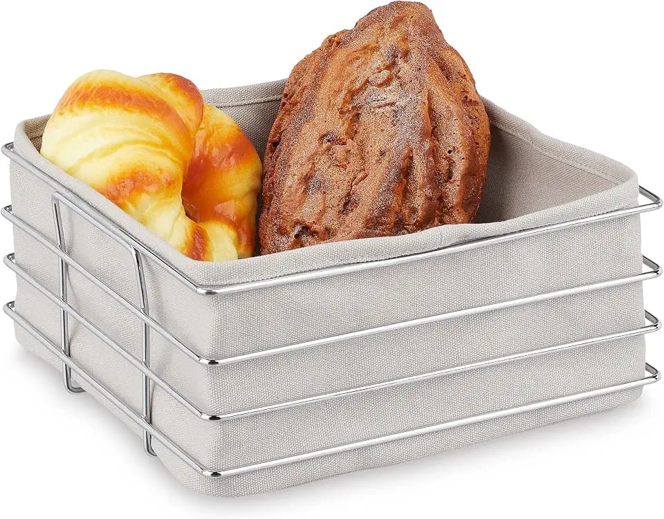 Relaxdays Brotkorb Metall, mit Stoffeinsatz, moderner Brötchenkorb, Frühstückskorb Edelstahl, HBT: 10,5x23x23 cm, grau