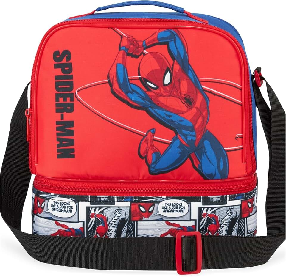 Get Trend Marvel Spiderman Isolierte Lunchtasche Kinder, Lunch Bag für Brotdose mit 2 Fächern, Henkel, Verstellbarem Schultergurt, Kühltasche Schule Picknick, Geschenkidee (Multi Spiderman)