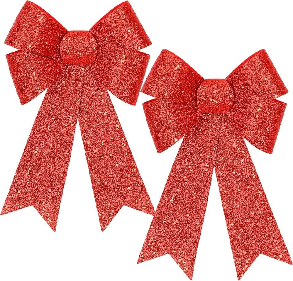 2 PCS Christmas Bows, 12 x 18 IN Christmas Bows Outdoor, Glitter Red Xmas Decorations Velvet PVC Large Christmas Bows Indoor Outdoor Christmas Wreath Bows Hanging Decor for Fence Fireplace Stairs