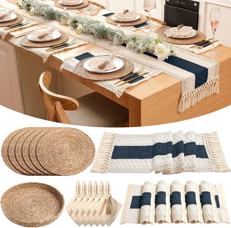 6 Sets Boho Table Runner and Woven Round Placemats Set, Blue, 12x72