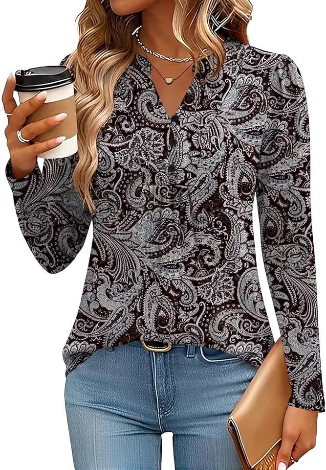 IECCP Long Sleeve Shirts for Women Dressy Henley V-Neck Pleated Fall Tops