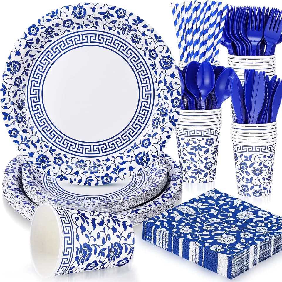 Hushee 225 Pcs Blue White Floral Disposable Tableware for 25 Guests