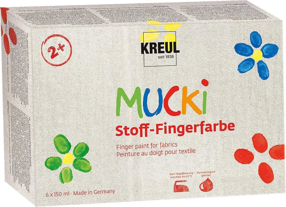 KREUL 28420 - Mucki Stoff-Fingerfarbe, 6 x 150 ml Weiß, Gelb, Rot, Grün, Blau, Violett, leuchtkräftige Farben auf Wasserbasis für Kinder ab 2 Jahren