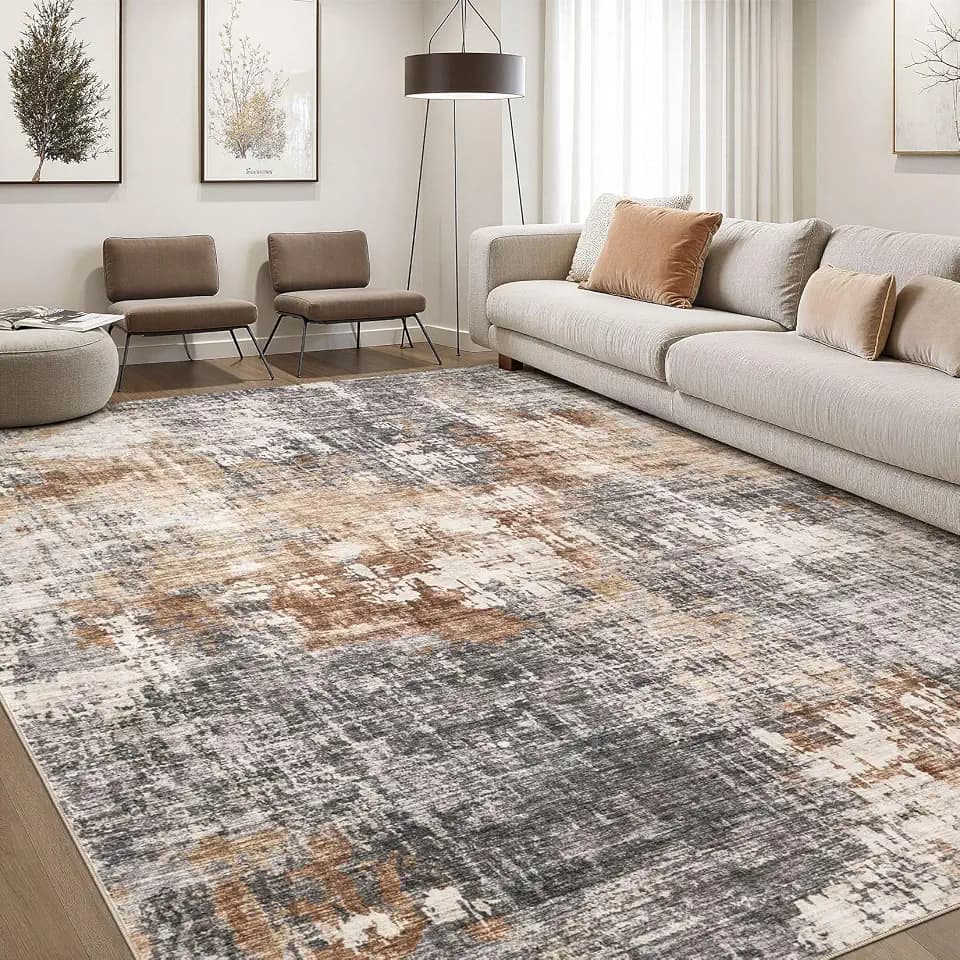 DMOYEST Area Rug Living Room Rugs - 7x9 Washable Large Soft Indoor Neutral Modern Abstract Low Pile Rug Carpet for Bedroom Dining Room Farmhouse Home Office - Grey Brown
