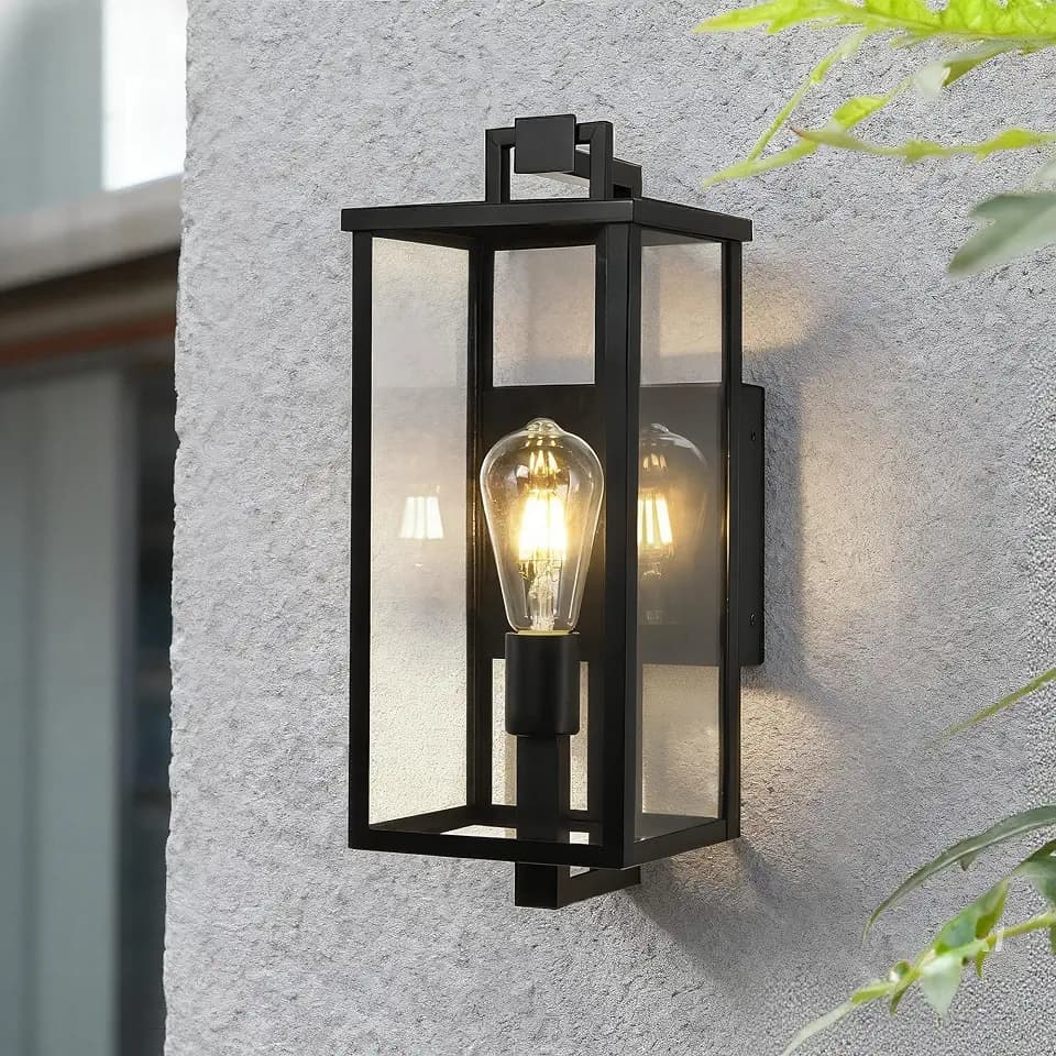 Edvivi Outdoor Wall Light Fixture, 16 in. H Large Exterior Lighting Fixtures with Clear Glass, 1-Light Matte Black Porch Lights Outdoor Wall Sconces Lantern, Outside Lights for House Front Door Garage