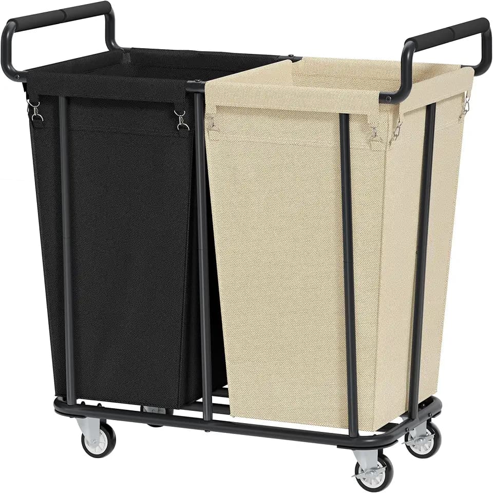 Gewudraw 360L Wäschekorb 2 Fächer, Wäschekorb mit Rollen, Schwarz & Khaki