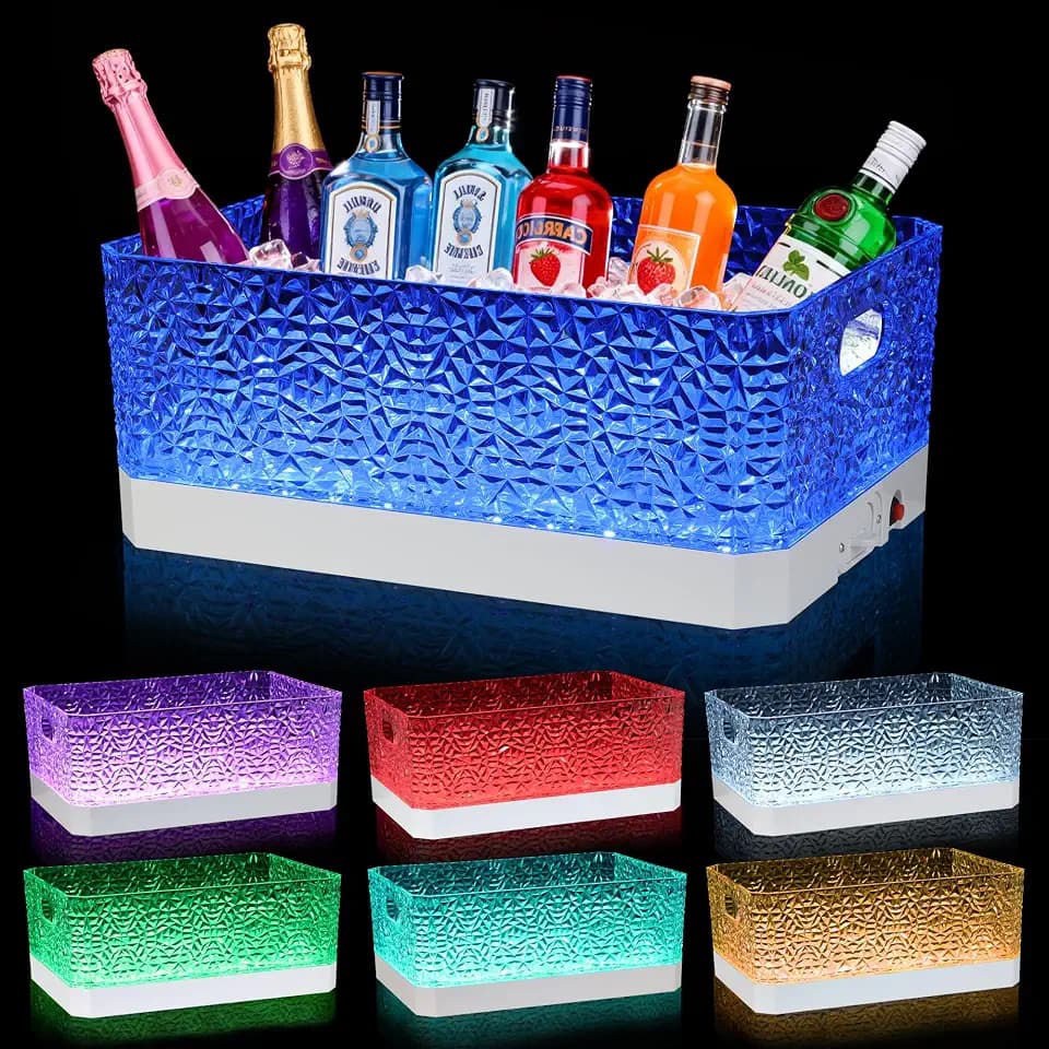 15L LED Ice Bucket for Parties, Rechargeable 7-Color Changing Light Up Beverage Tub, Clear Acrylic Wine & Champagne Drink Cooler, Plastic Storage Pail,for Home Bar & Outdoor Entertaining