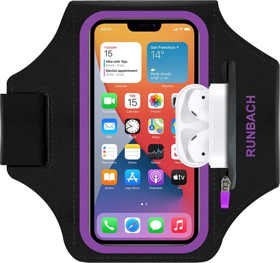 Armband for iPhone 17/17 Pro/16/16 Pro/15/15 Pro/14/14 Pro/13/13 Pro/13 Mini/12/12 Pro/12 Mini/11/11 Pro/XR/XS/X/SE,Water Resistant Armband with Zipper Slot for Airpods and Car Key (Purple)