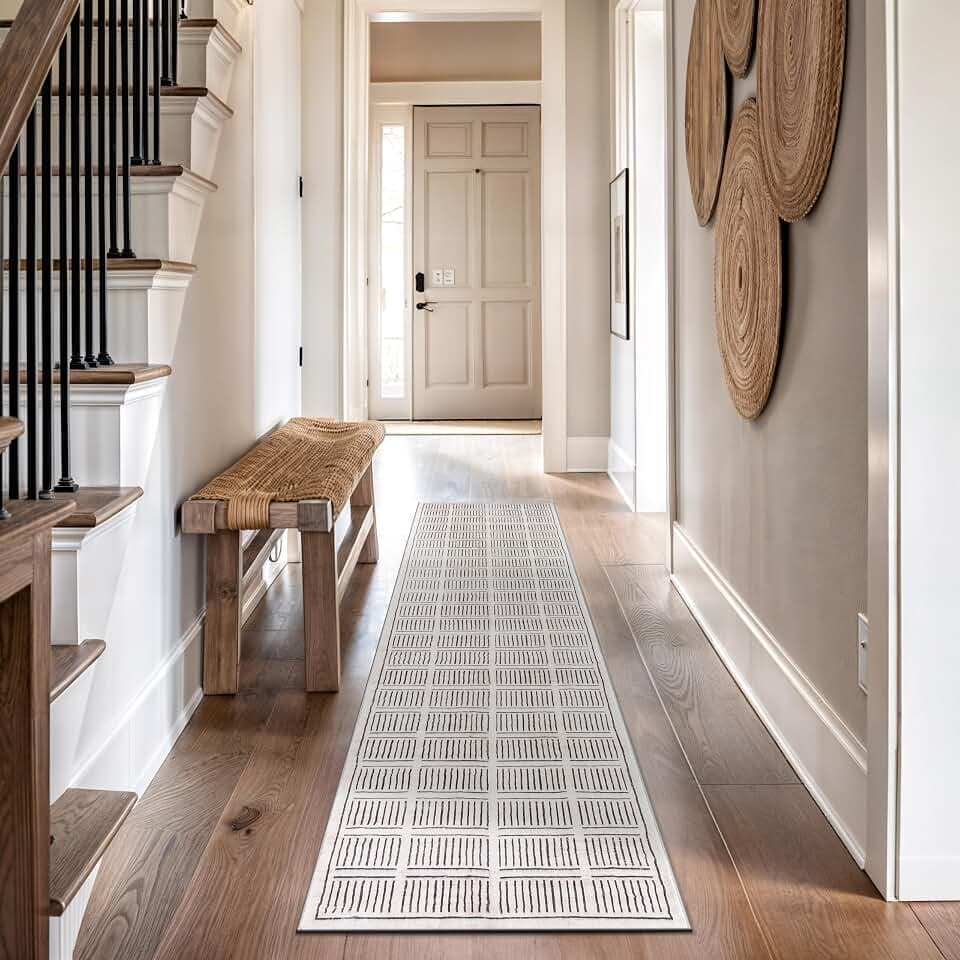 Rugshop Bohemian Stripe Non-Slip Washable Lines Runner Rug Ivory 2' x 8'