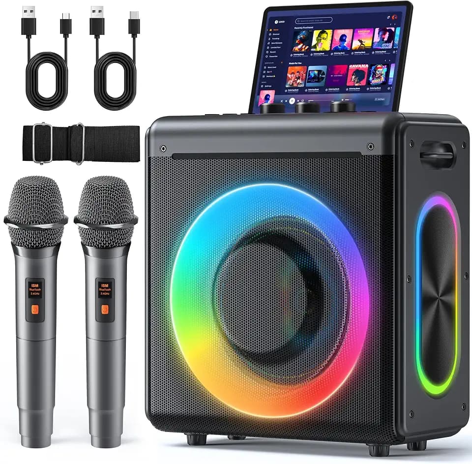 Karaoke Machine, 2 Wireless Rechargeable Microphones, 200W Speaker