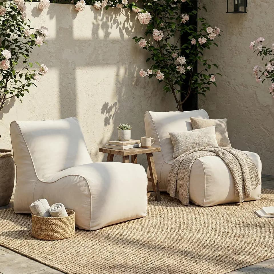 Christopher Knight Home Moira Outdoor Bean Bag Chair Set of 2, Fabric Bean Bag Lounger for Adults and Kids, Outdoor Comfy Reading Chair, Patio Lounge Sofa for Poolside Garden, Beige