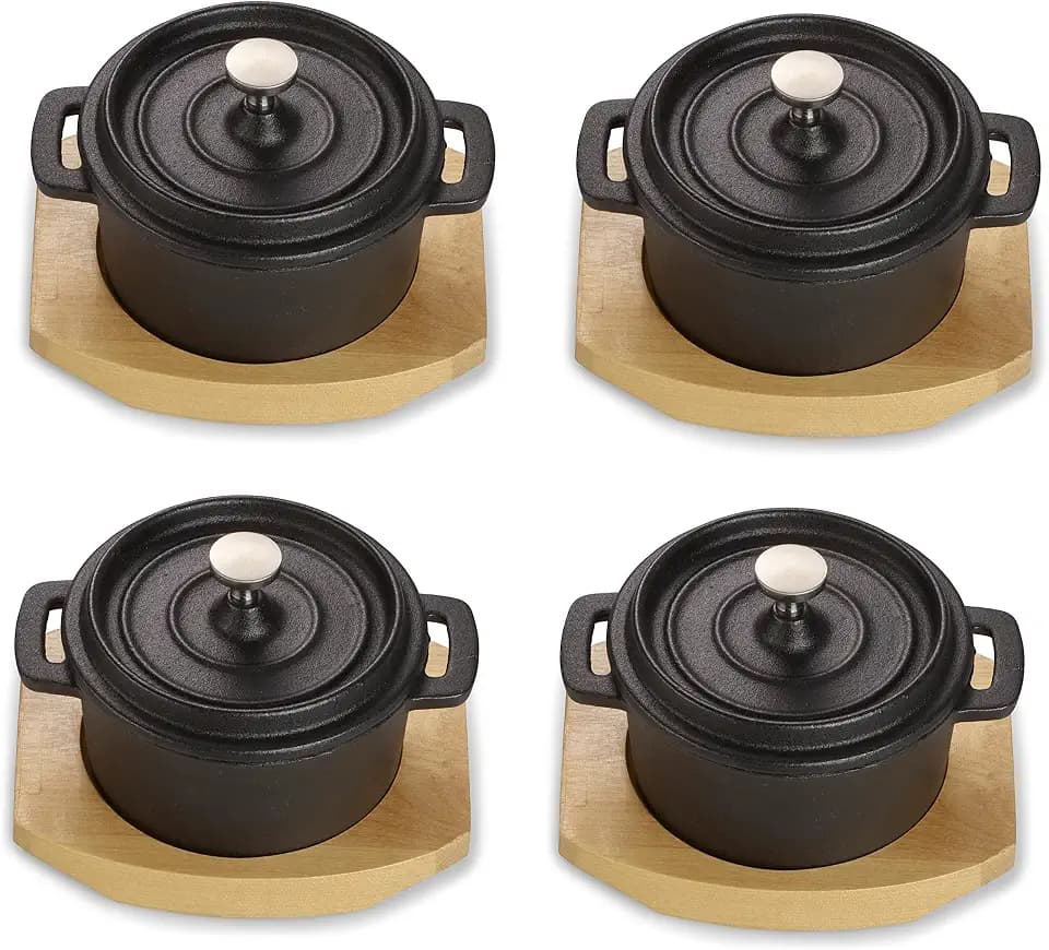 ECHTWERK Kochtopf Set aus Gusseisen, Mini-Kochtopf mit Servierbrett, Kleiner Bräter, Bereits eingebrannt, Für Backöfen, Grill, BBQ und Induktion geeignet, Ideal zum Servieren, 250 ml, 4tlg