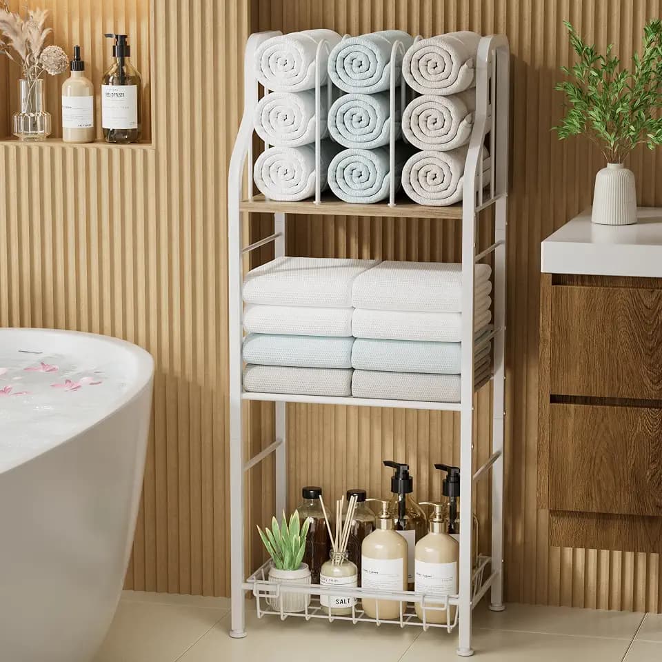 SWTYMIKI Free Standing Towel Rack - 3 Tier M-Shaped Detachable Dividers Towel Shelf for Bathroom, Durable Metal Pool Towel Holder, Modern Space-Saving Bath Towel Storage Organizer