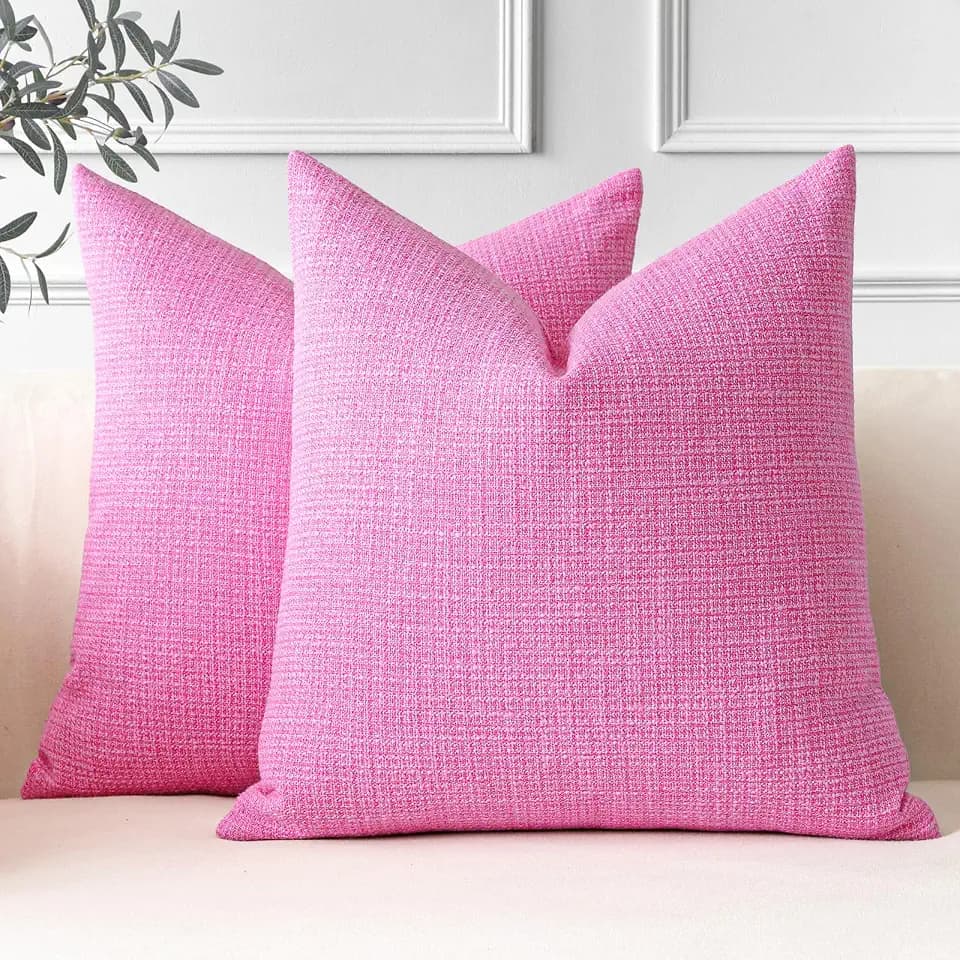 JOTOM 2er Set Leinen Kissenbezüge, Dekorative Weich Einfarbig Wurf Kissenbezug Moderne Kissenhüllen Sofakissen Dekokissen Zierkissenbezug für Wohnzimmer Schlafzimmer Deko (60x60cm, Pink)