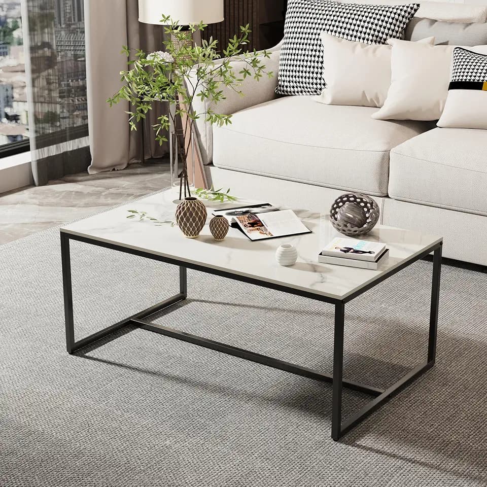FATIVO Couchtisch Marmoroptik Weiß Modern Rechteckig Skandinavisch