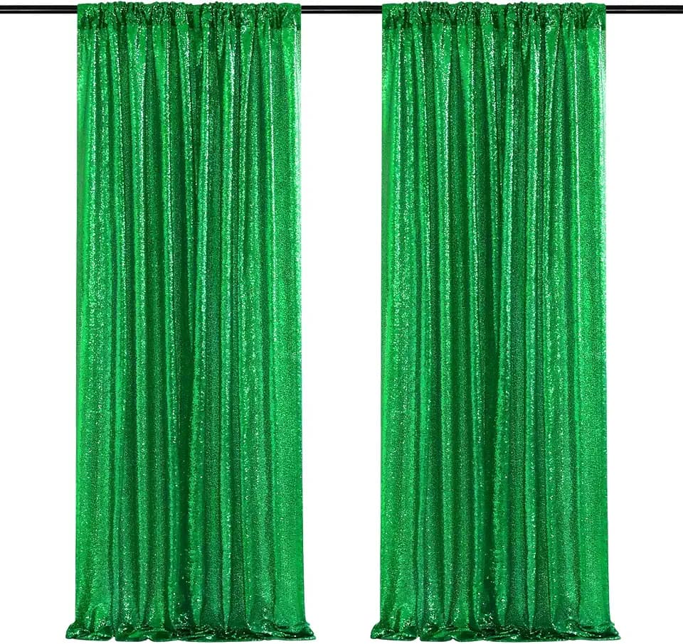 Green Sequin Backdrop Curtains-2 Panels 2FTx8FT Green Backdrop for St Patricks Day, Glitter Party Decorations Background Drapes for Wedding Birthday Anniversary Graduation Photo Booth Decor